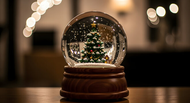 A snow globe with a christmas tree inside on a wooden surface