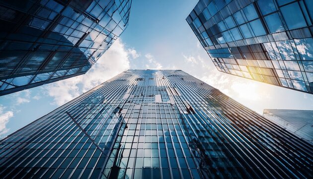 modern skyscraper facade with glass windows reflecting sky high angle view of urban architecture - Powered by Adobe