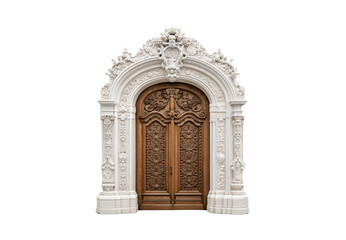 Fototapeta premium Ornate arched doorway with carved wooden doors and decorative columns, isolated on a transparent background