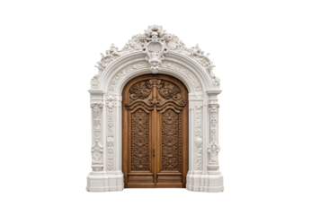 Ornate arched doorway with carved wooden doors and decorative columns, isolated on a transparent background