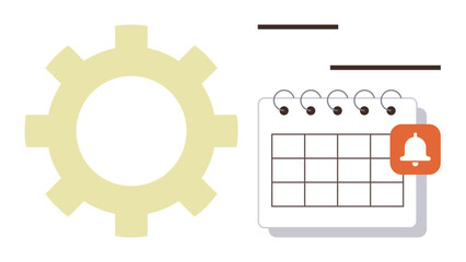 Gear symbol beside a calendar with a notification bell highlights workflow, scheduling, and reminders. Ideal for productivity, efficiency, planning, deadlines, organization, automation simple flat
