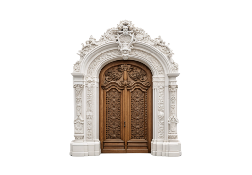 Ornate arched doorway with carved wooden doors and decorative columns, isolated on a transparent background