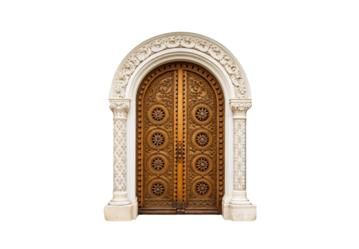 Ornate arched doorway with carved wooden doors and decorative columns, isolated on a transparent background
