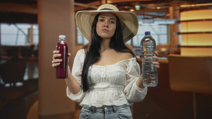 Woman holds a juice bottle and a water bottle with hands extended in a presenting gesture at...