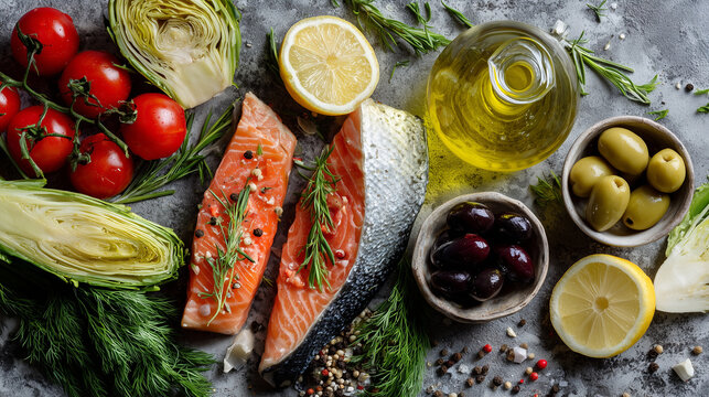 A colorful Mediterranean flat lay with salmon fillets, tomatoes, olives, lemon slices, herbs, olive oil, and fresh greens displayed on a textured stone surface. - Powered by Adobe
