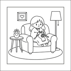 Girl Knitting in Armchair Coloring Page: Bold and Easy Hobby Scene for a Cozy Moment Craft