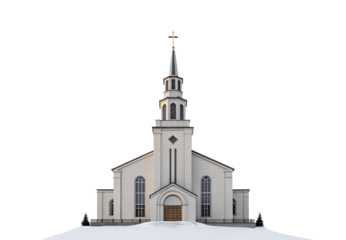 White church building with tall spire and cross, winter scene, isolated on a transparent background