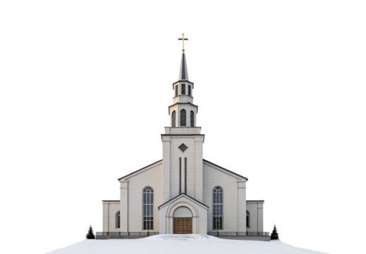 White church building with tall spire and cross, winter scene, isolated on a transparent background