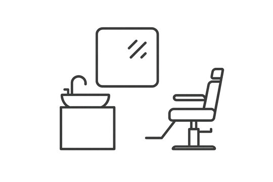 Barber shop interior outline icon illustrating hair salon services, haircutting, and styling with chair, sink, mirror on transparent background