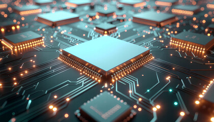 Obraz premium Close-up of a glowing computer motherboard with a central microprocessor, surrounding chips and intricate PCB traces illuminated by blue and orange lights.