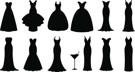 Dress silhouettes, fashion, formal, evening, black, style, design, gown, cocktail, glass, unique, creative, graphic, illustration, neckline, skirt, variety, showcase, inspiration, concept