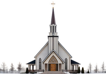 Modern white church with tall steeple, contemporary architecture, winter landscape, isolated on a transparent background