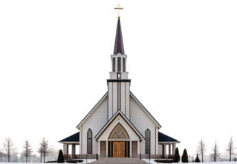 Modern white church with tall steeple, contemporary architecture, winter landscape, isolated on a transparent background