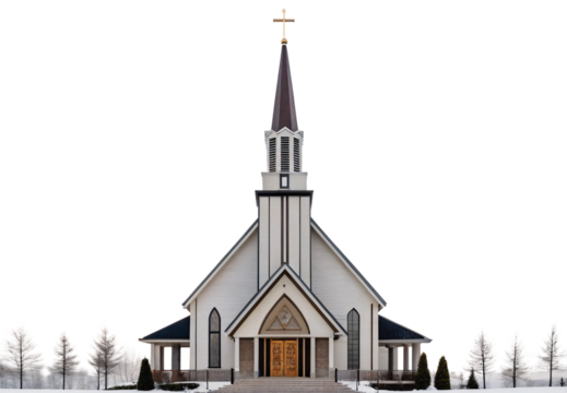 Modern white church with tall steeple, contemporary architecture, winter landscape, isolated on a transparent background