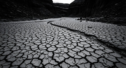Dramatic Black and White Image of Parched Earth and Deep Cracks in Arid Canyon Landscape