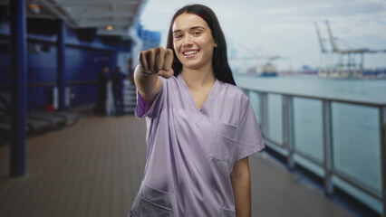 Young smiling nurse woman in scrubs pointing fist toward camera on ship deck near port cranes and railing; care teamwork cheerful.