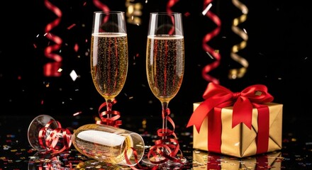 Two champagne glasses with a gift box and confetti on a black background.