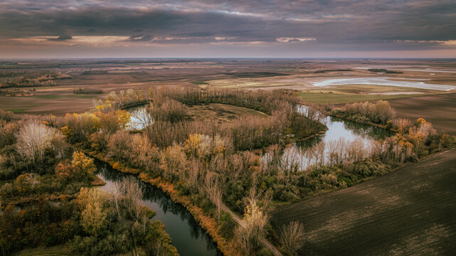 Autumn Floodplain from Above – Soft evening light reveals winding water and fading seasonal tones. - Powered by Adobe