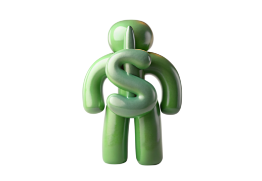 Green figure holding dollar sign, stylized character, ceramic finish, isolated on a transparent background