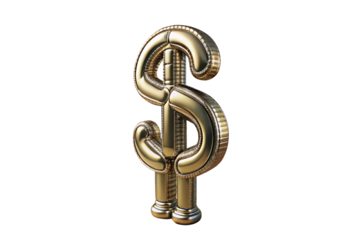 Ornate gold dollar sign symbol, decorative 3D metallic design, isolated on a transparent background