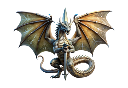 Majestic dragon warrior wielding ornate sword with spread wings, isolated on a transparent background