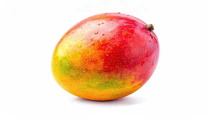 Ripe Mango Close Up with Vibrant Red Yellow and Green Skin on White Background Clean Shot