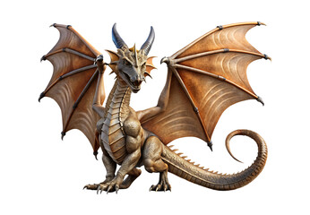 Fototapeta premium Tan dragon with spread wings, horns, fantasy creature sculpture, isolated on a transparent background