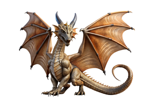 Tan dragon with spread wings, horns, fantasy creature sculpture, isolated on a transparent background