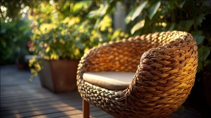 Outdoor wicker chair in garden setting