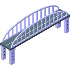 Isometric steel arch bridge with a gray road surface and light purple supports on a white transparent background rendered in pixel art style