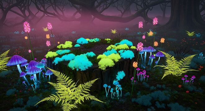Enchanted bioluminescent forest with glowing mushrooms and ferns