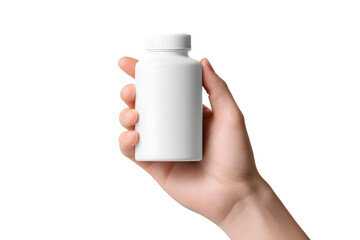 Elegant Hand Holding White Pill Bottle Mockup Against Transparent Backdrop for Pharmaceutical and Healthcare Marketing Presentations