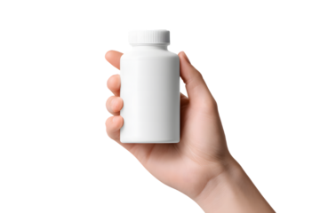 Elegant Hand Holding White Pill Bottle Mockup Against Transparent Backdrop for Pharmaceutical and Healthcare Marketing Presentations