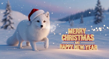 Obraz premium Arctic Fox Christmas Scene - A cute arctic fox wears a Santa hat in a snowy winter wonderland with a Merry Christmas and Happy New Year message