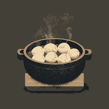 Steaming dumplings in a traditional cast iron pot