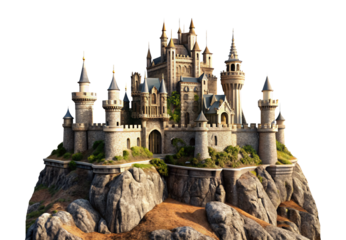 Fantasy medieval castle perched on a rocky cliff, isolated on a transparent background