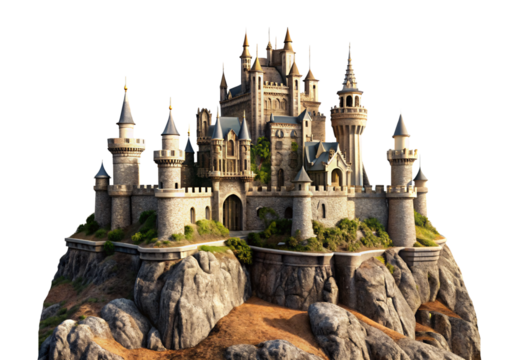 Fantasy medieval castle perched on a rocky cliff, isolated on a transparent background