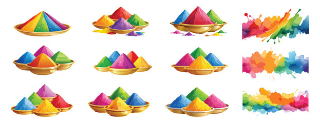 Vibrant set of Holi powder Gulal bowls and colorful paint splashes.