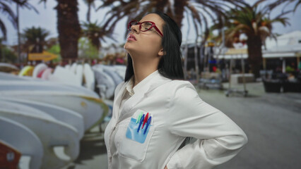 Young hispanic woman scientist in uniform standing outdoors on a street with palm trees, expressing...