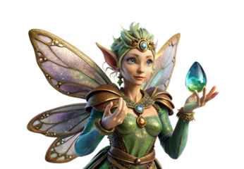 Elegant fairy sorceress holding magical crystal with butterfly wings, isolated on a transparent background