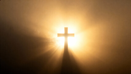 Fototapeta premium Silhouette of a cross illuminated by a bright light in fog, spiritual symbol, serene atmosphere, copy space