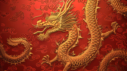 Golden dragon decorative pattern on red background creating elegant Chinese New Year festive theme for design use