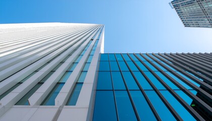 Low-angle shot of a sleek, modern office building in Spain with a clear blue sky and distinctive slanted facade design.