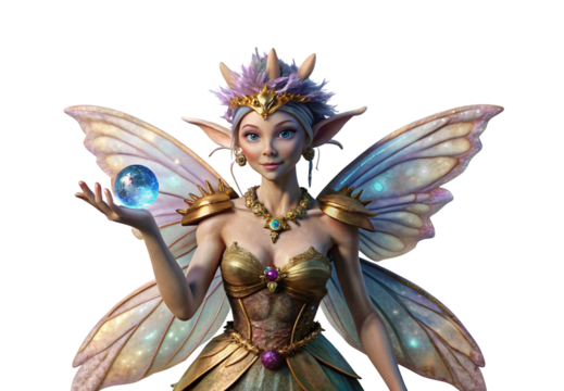 Regal fairy queen displaying glowing orb with iridescent wings, isolated on a transparent background