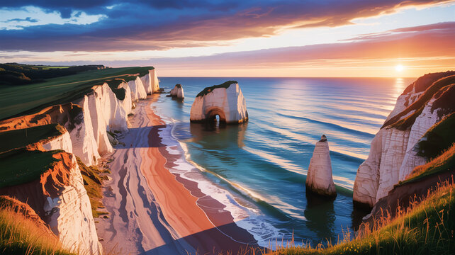 A breathtaking sunrise casting a warm, golden light over the dramatic white cliffs, natural sea arch, and serene beach of a famous coastal landscape - Powered by Adobe