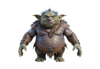 Large troll warrior wearing tribal armor and ceremonial necklace, isolated on a transparent background