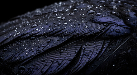 Macro Closeup of Wet Dark Raven or Crow Feathers with Brilliant Water Droplets in Shadow