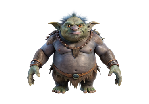 Large troll warrior wearing tribal armor and ceremonial necklace, isolated on a transparent background