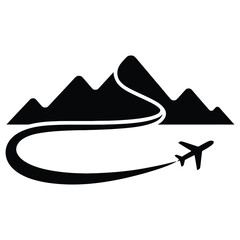 Airplane flying over mountain range isolated on white background, representing travel, adventure, and exploration concept