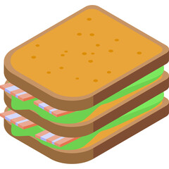 Isometric Stacked Sandwich With Three Layers of Bread Lettuce and Meat Filling on a Transparent Background